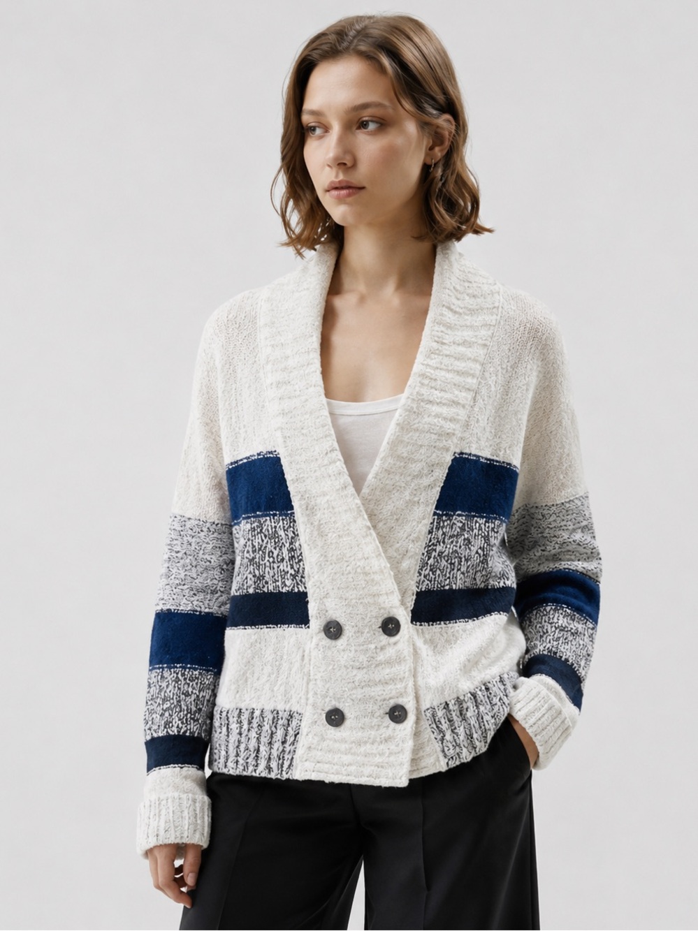 Lorena Antoniazzi Italian Cashmere Wool Blend Striped Button Sweater Size M
